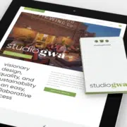 studio GWA rebranding on tablet and business cards