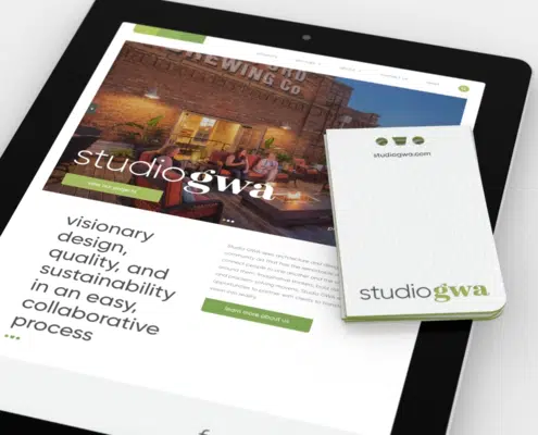 studio GWA rebranding on tablet and business cards