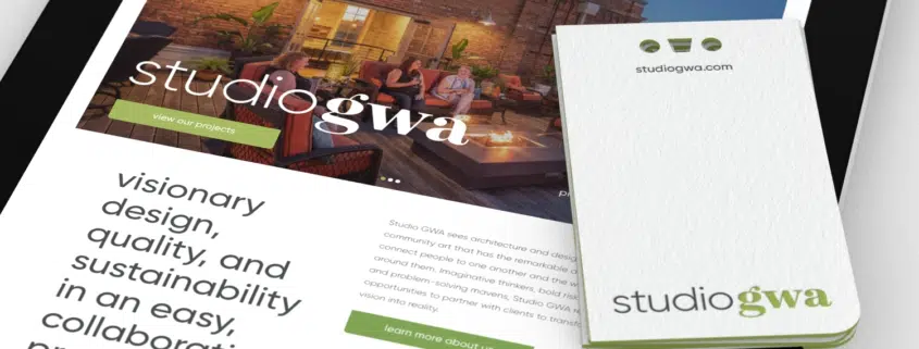 studio GWA rebranding on tablet and business cards