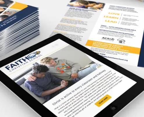 Faith Christian School enrollment campaign on tablet and brochure