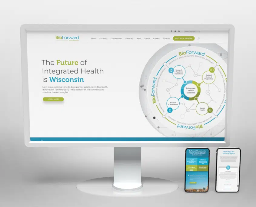BioForward Wisconsin homepage on monitor and phones