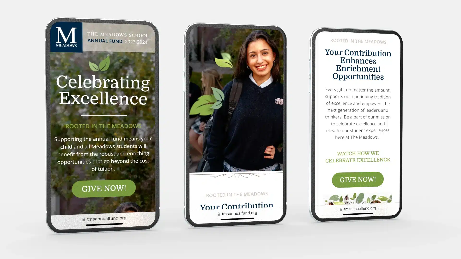 The Meadows School Fundraising Website Landing page on smart phones