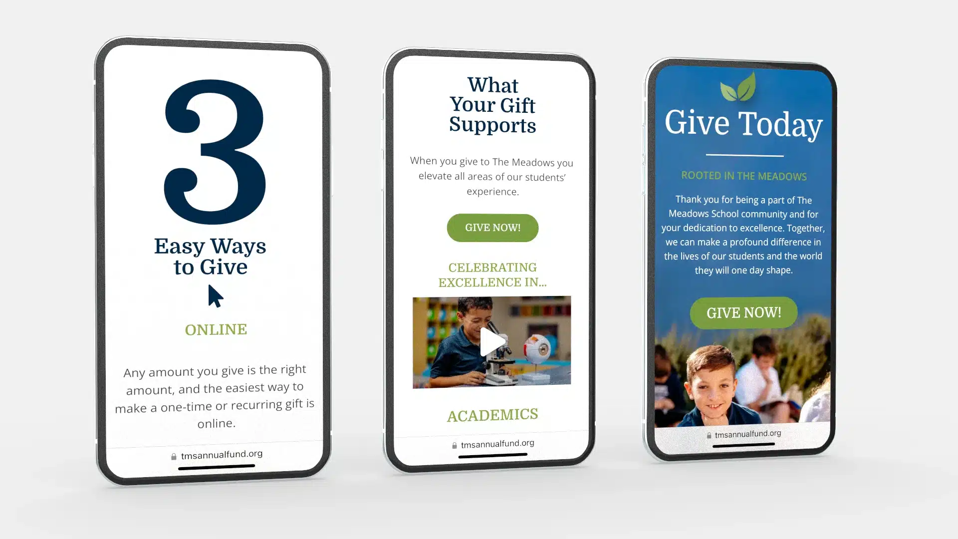 The Meadows School Fundraising Campaign website on smart phones