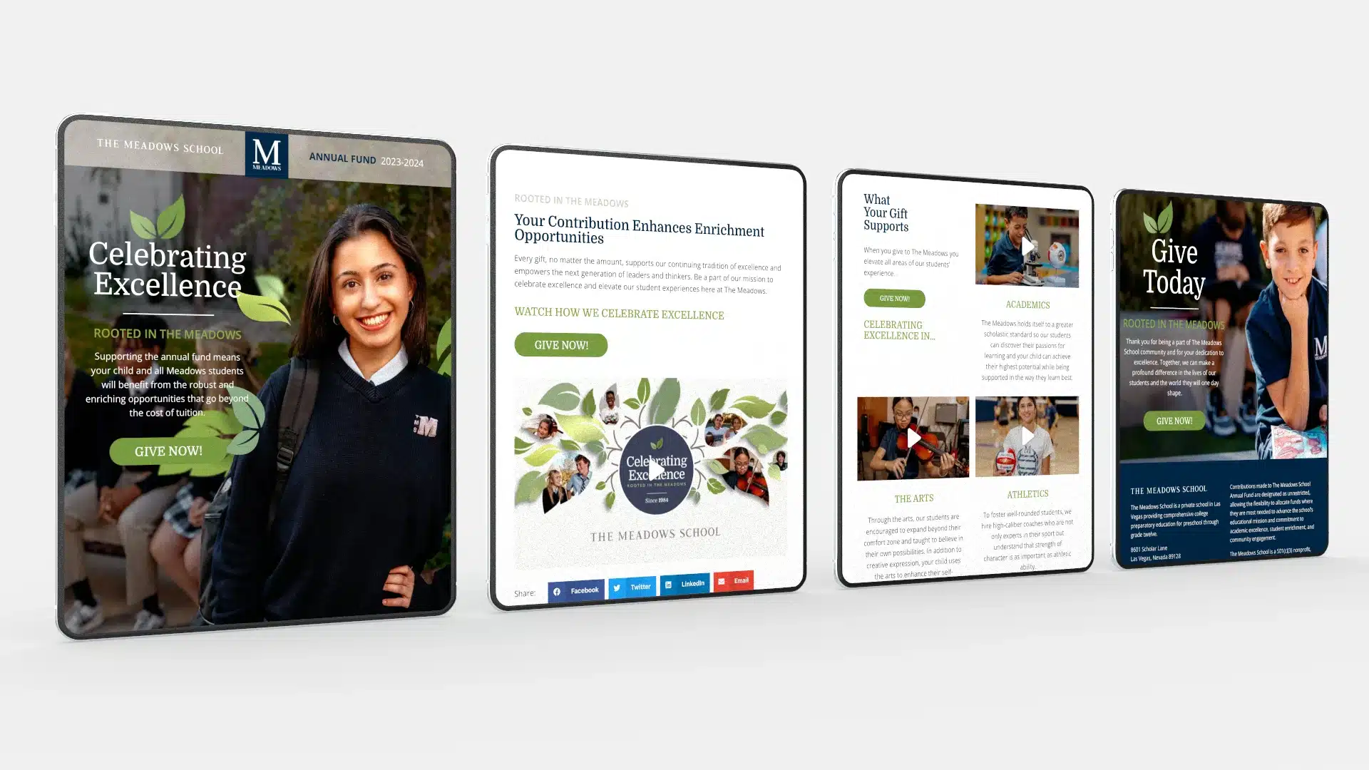 The Meadows School Fundraising Campaign website pages on tablets