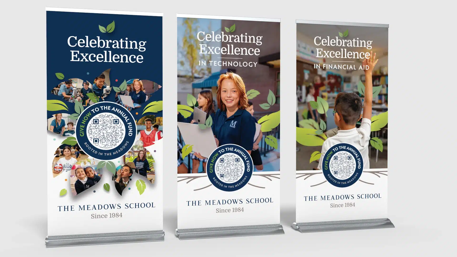 The Meadows School Fundraising campaign pop-up banners featuring young students
