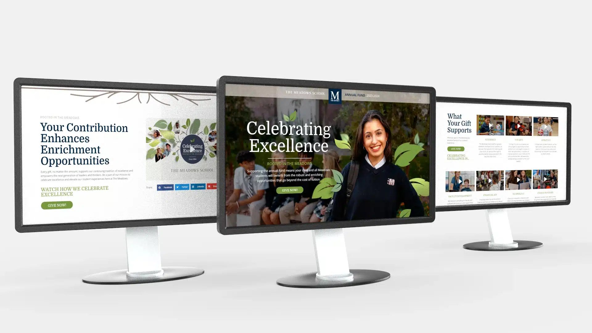 The Meadows School Fundraising Campaign Website on 3 Monitors