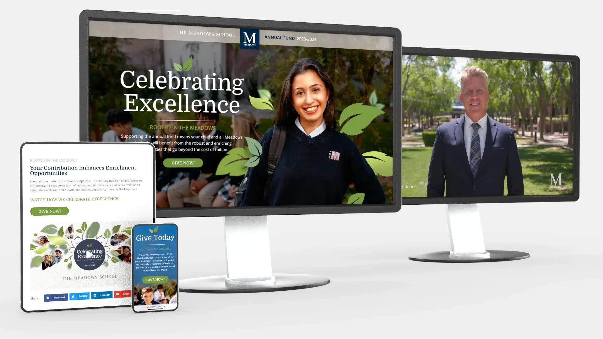 The Meadows School Annual Fund Website page and Video on screens