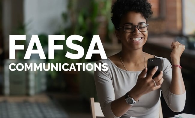Woman holding phone while cheering for FAFSA Communications