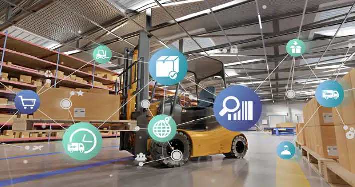 forklift in warehouse with supply chain images overlaid on it