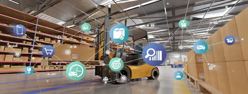 forklift in warehouse with supply chain images overlaid on it