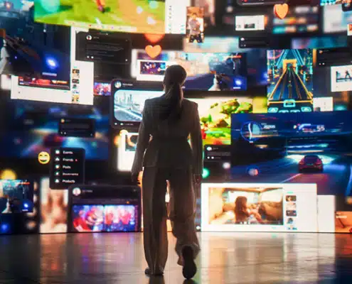 woman standing in front of social media screens