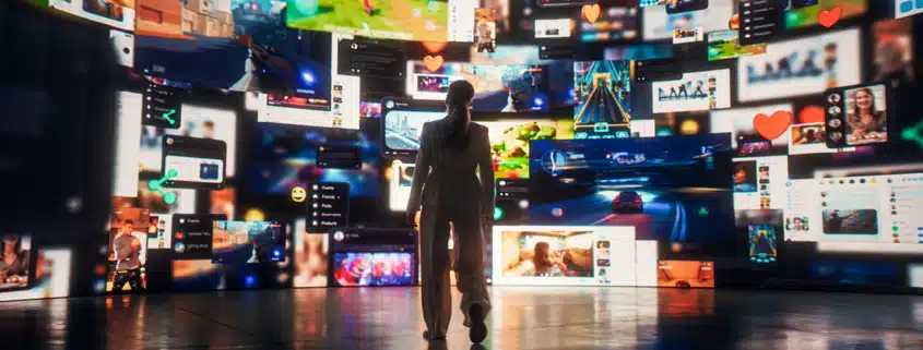 woman standing in front of social media screens